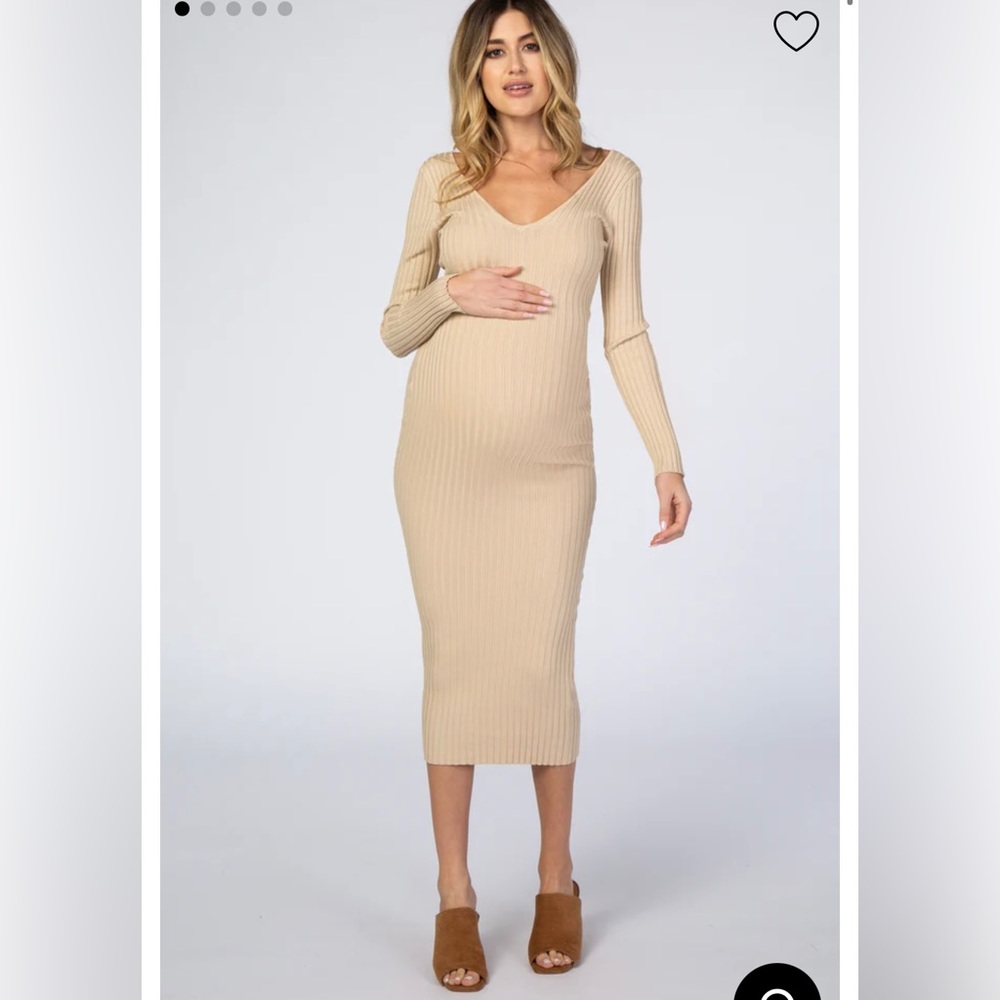 Taupe V-Neck Long Sleeve Fitted Maternity Maxi Dress